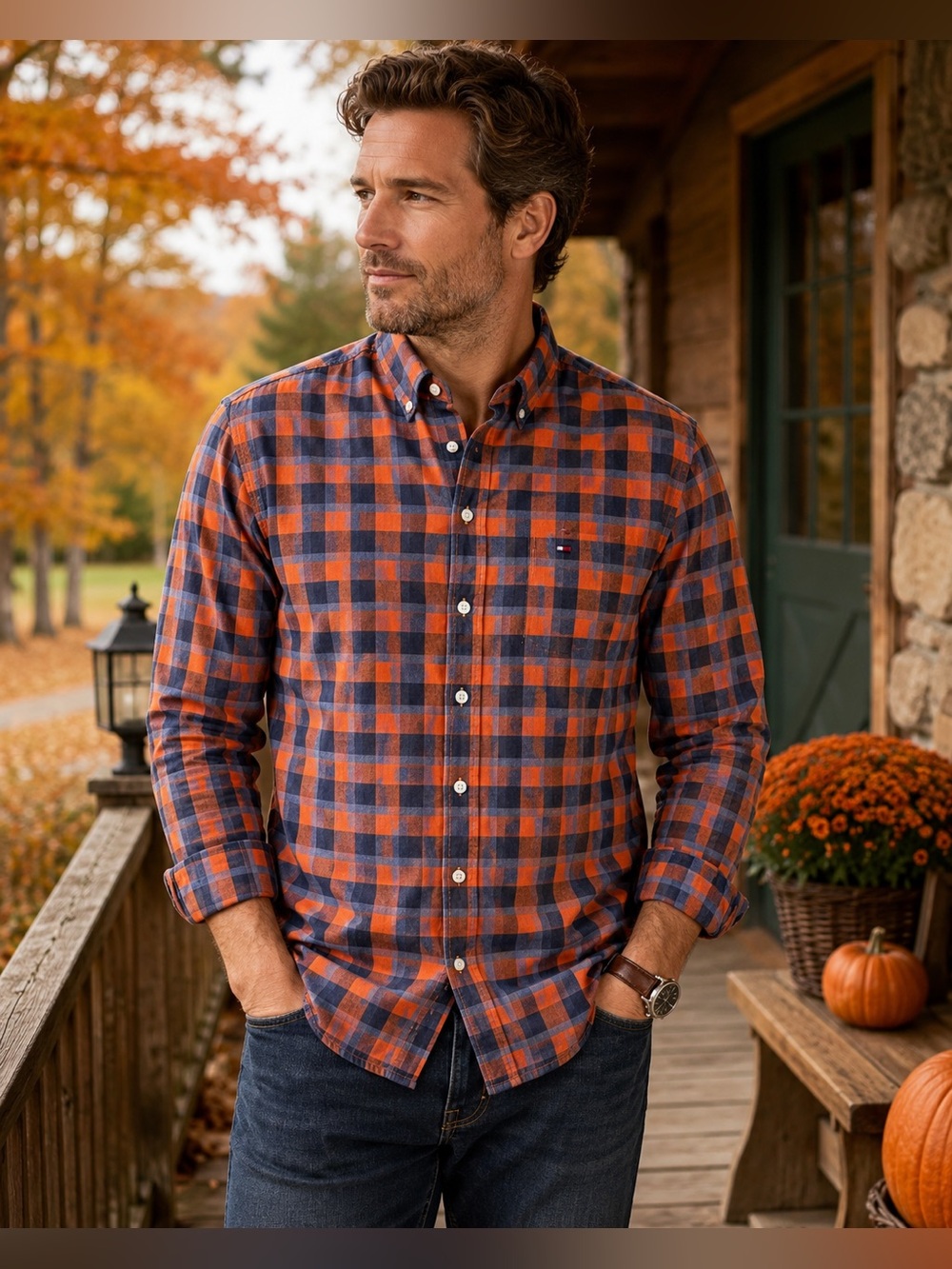Tommy Hilfiger Men’s XL Orange Blue Plaid Custom Fit Shirt